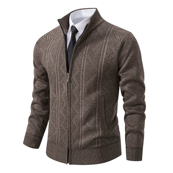 Trendy men's warm zip-up puffer jacket, essential fall/winter outerwear with knitted sleeves.