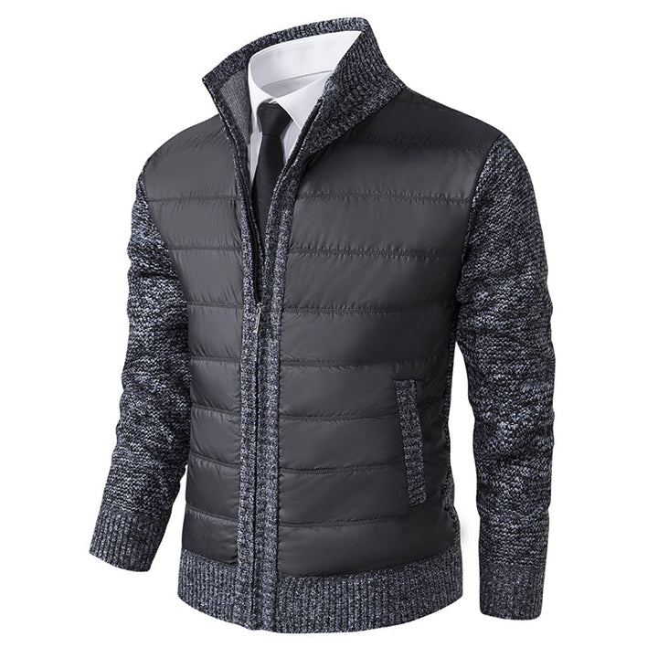 Casual men's puffer jacket: zip-up design, knitted sleeves, warm for fall & winter.