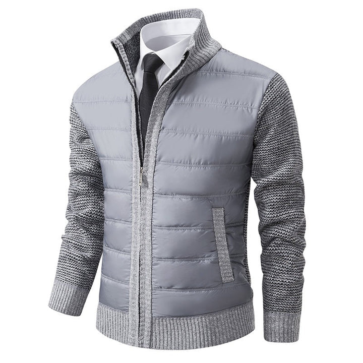Warm men's zip-up puffer jacket featuring cozy knitted sleeves, ideal for fall & winter.