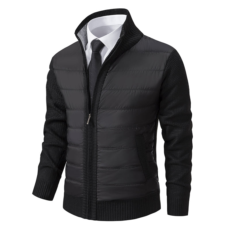 Men's stylish winter outerwear: a warm zip-up puffer jacket with unique knitted sleeves.