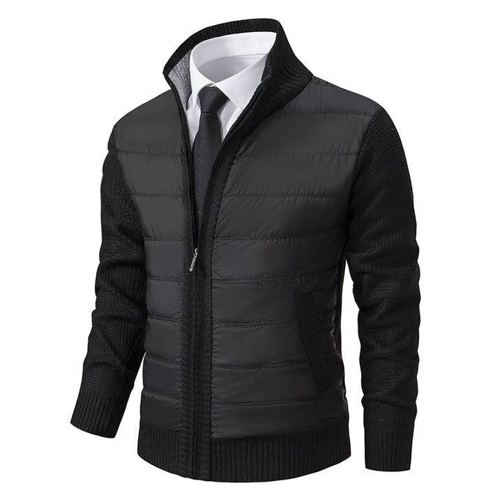 Men's stylish winter outerwear: a warm zip-up puffer jacket with unique knitted sleeves.