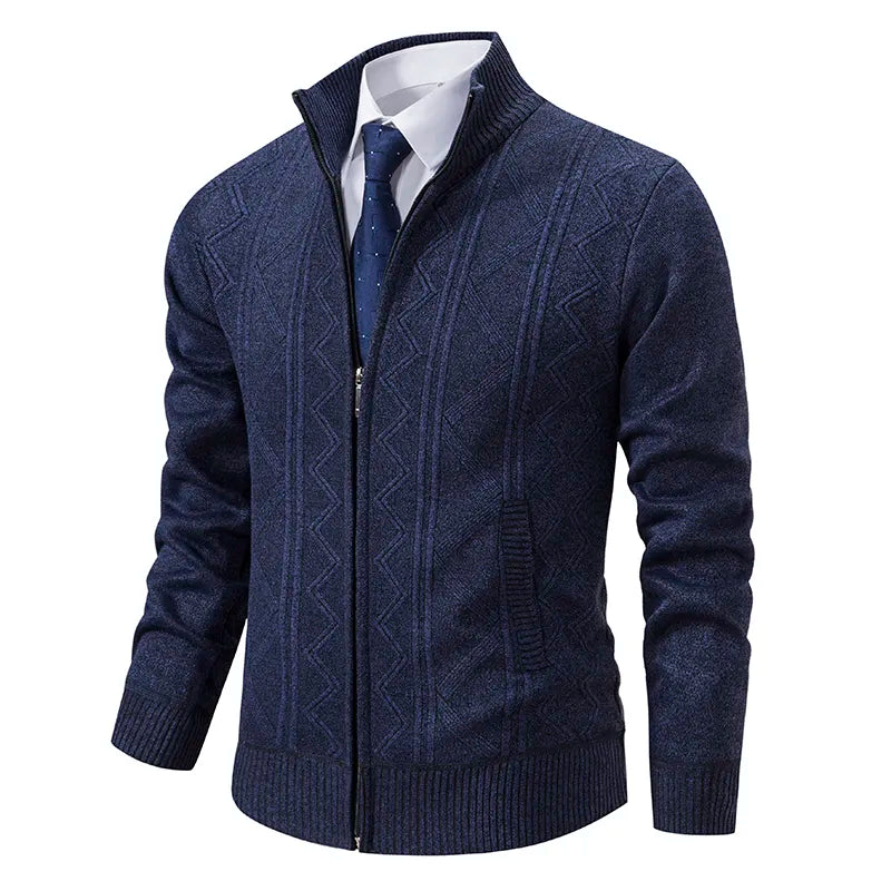 Modern men's warm puffer jacket, zip-up style with comfortable knitted sleeves for cold weather.
