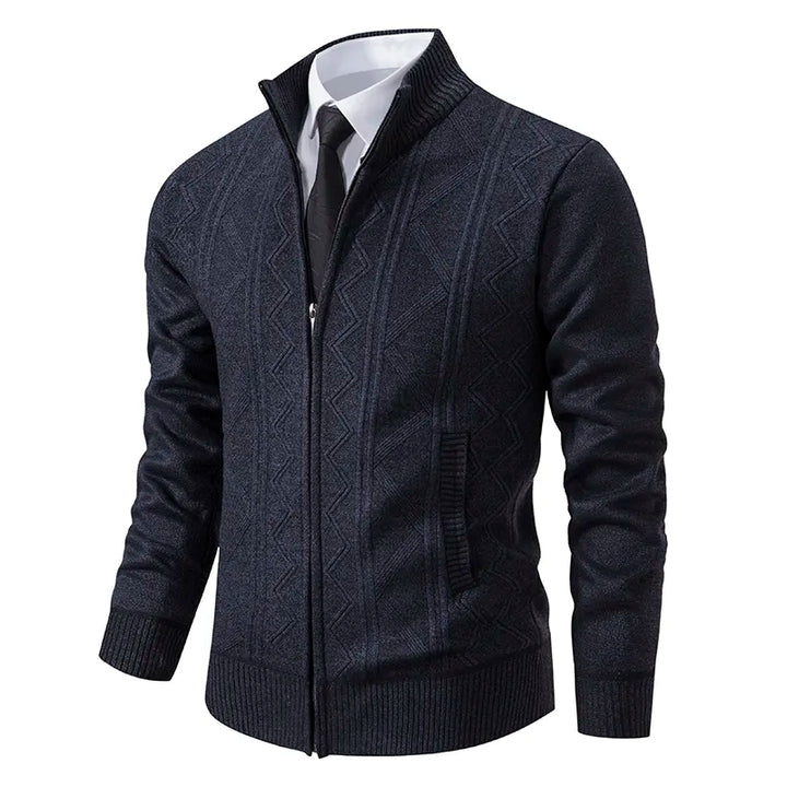 Versatile men's zip-up puffer jacket, warm winter coat with stylish knitted sleeves & casual look.