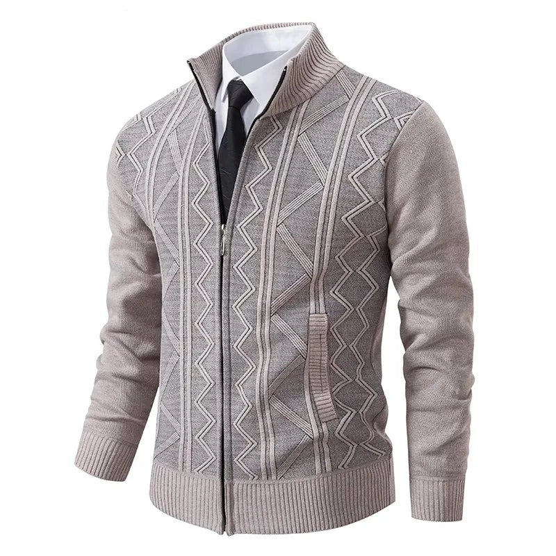 Knitted sleeves enhance this warm men's zip-up puffer jacket, perfect for fall & winter style.