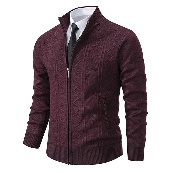 Cozy men's zip-up puffer jacket offers warmth and protection with stylish knitted sleeves.
