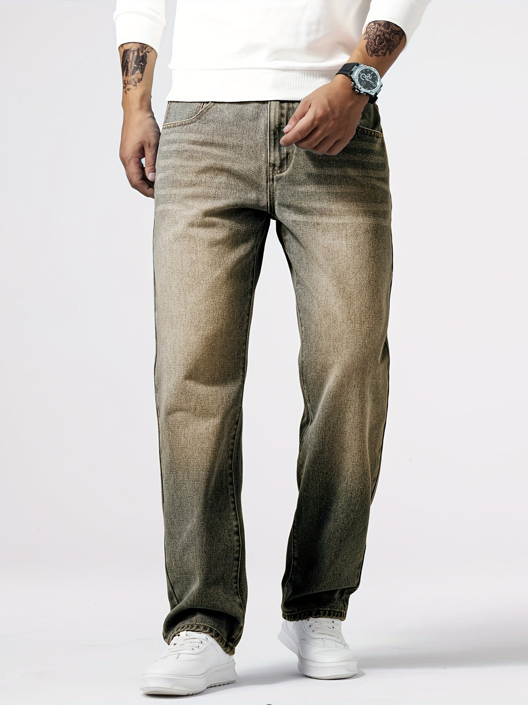 Everyday men's straight leg jeans, washed casual pants with comfort fit for versatile smart casual look.