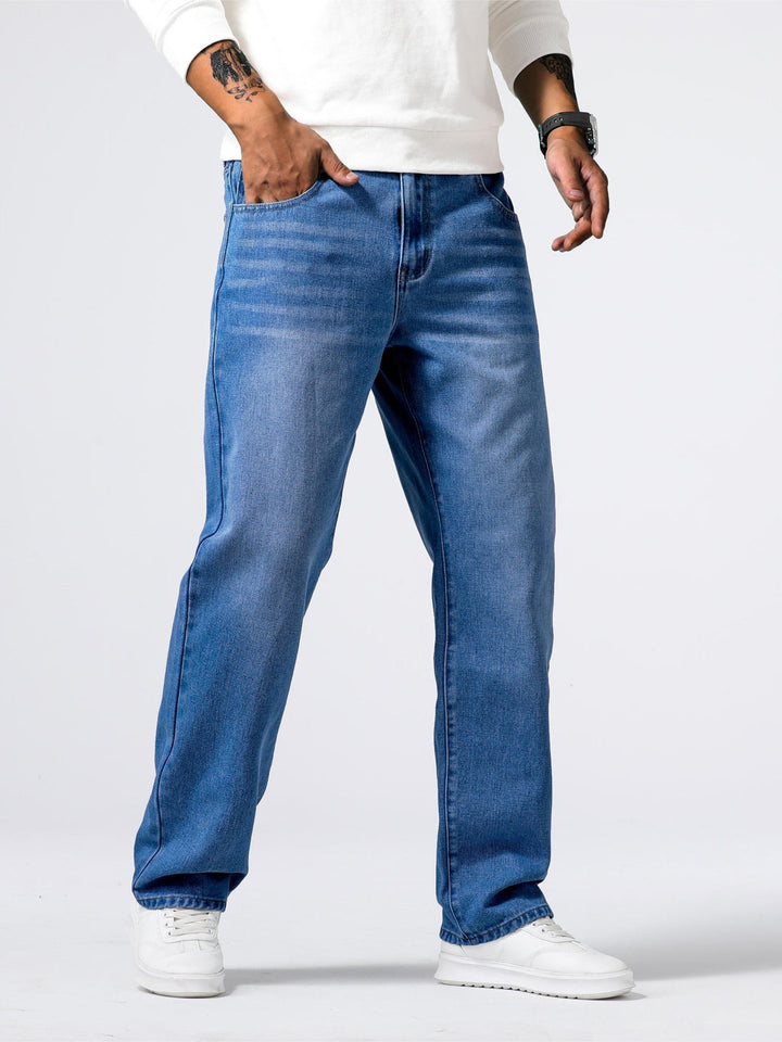 Comfort fit men's washed straight leg jeans, ideal for versatile everyday casual style.