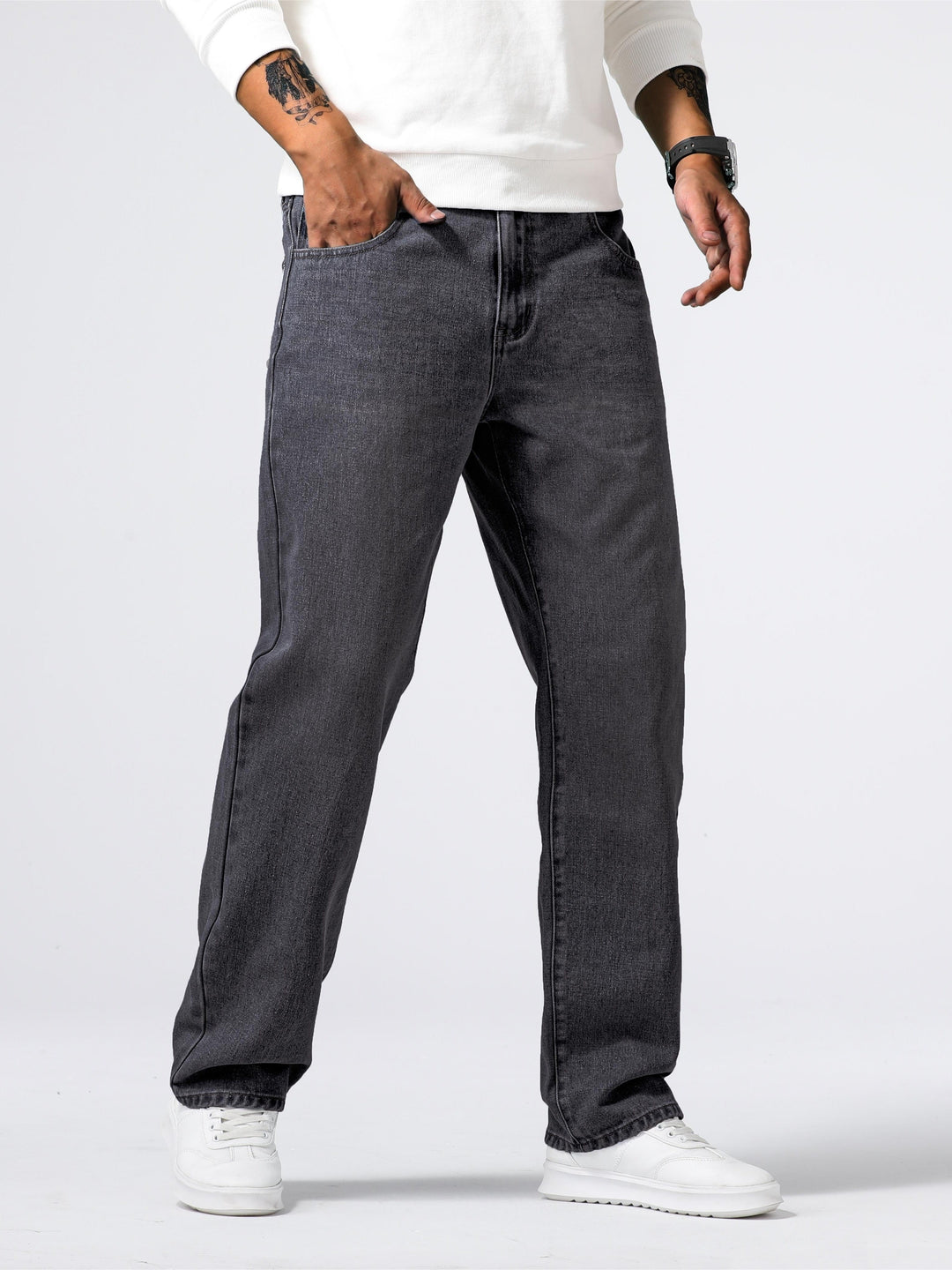 Smart casual men's washed straight leg jeans, versatile trousers for everyday comfort & style.