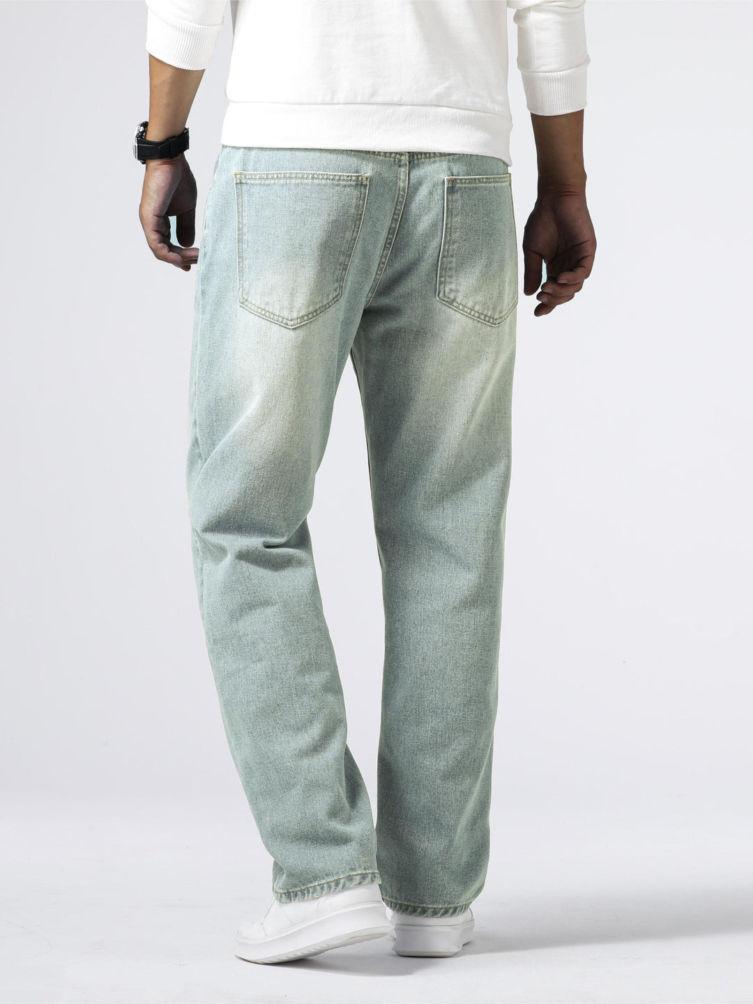 Men's casual washed straight leg jeans, perfect for everyday versatile style & comfort.