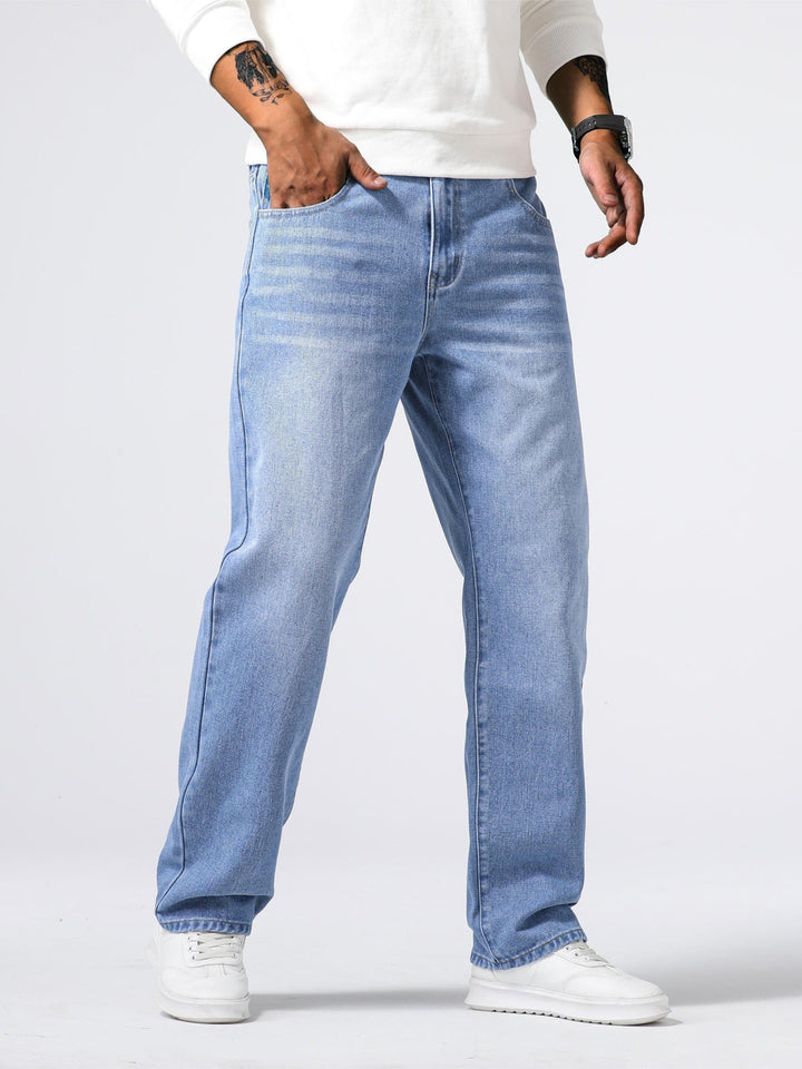 Washed finish men's straight leg jeans, classic cut for versatile everyday casual & smart casual style.