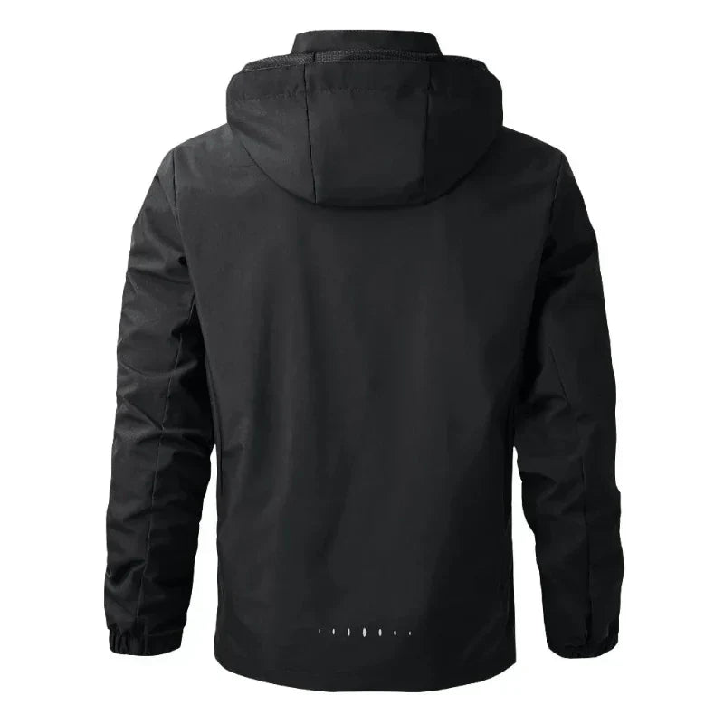 Reflective men's hooded rain jacket, water-resistant windbreaker for outdoor activities & everyday wear.