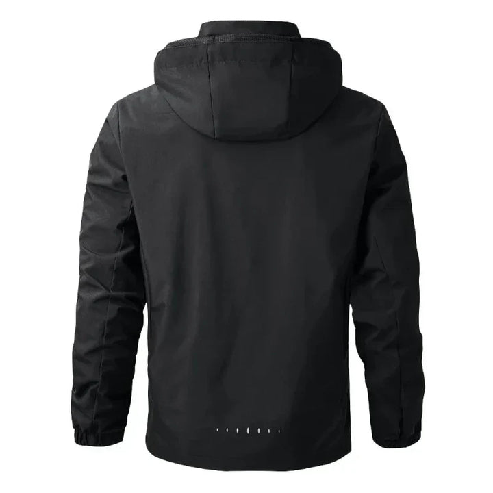 Reflective men's hooded rain jacket, water-resistant windbreaker for outdoor activities & everyday wear.