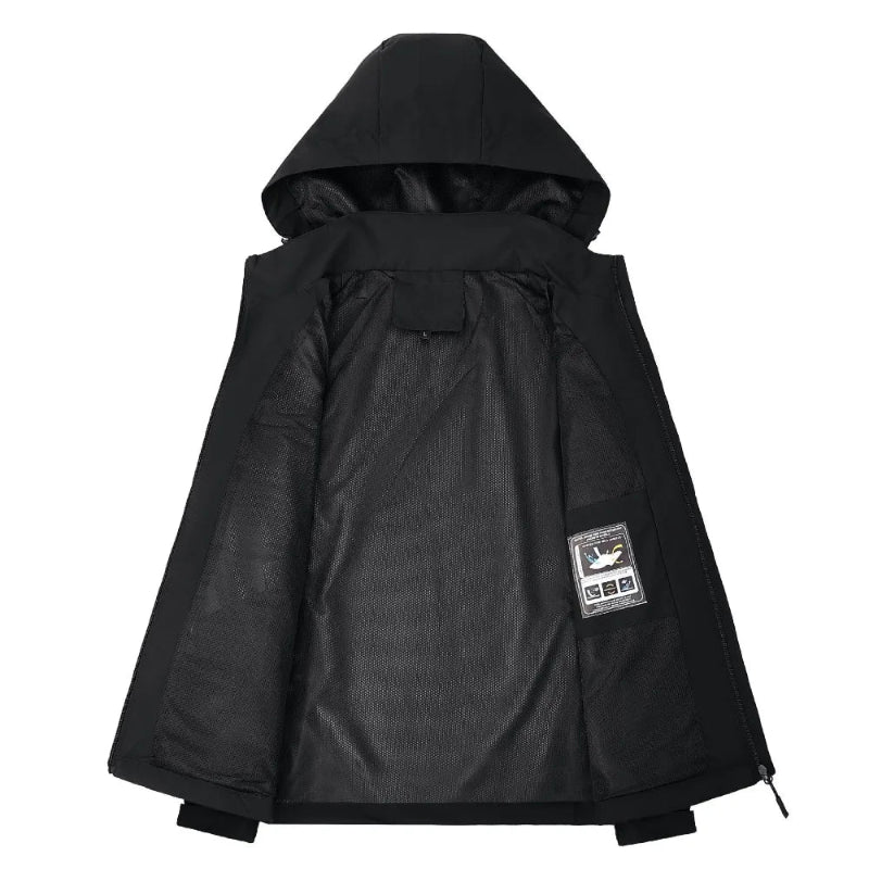 Stylish men's hooded rain jacket, water-resistant windbreaker for spring, fall, and casual outerwear fashion.