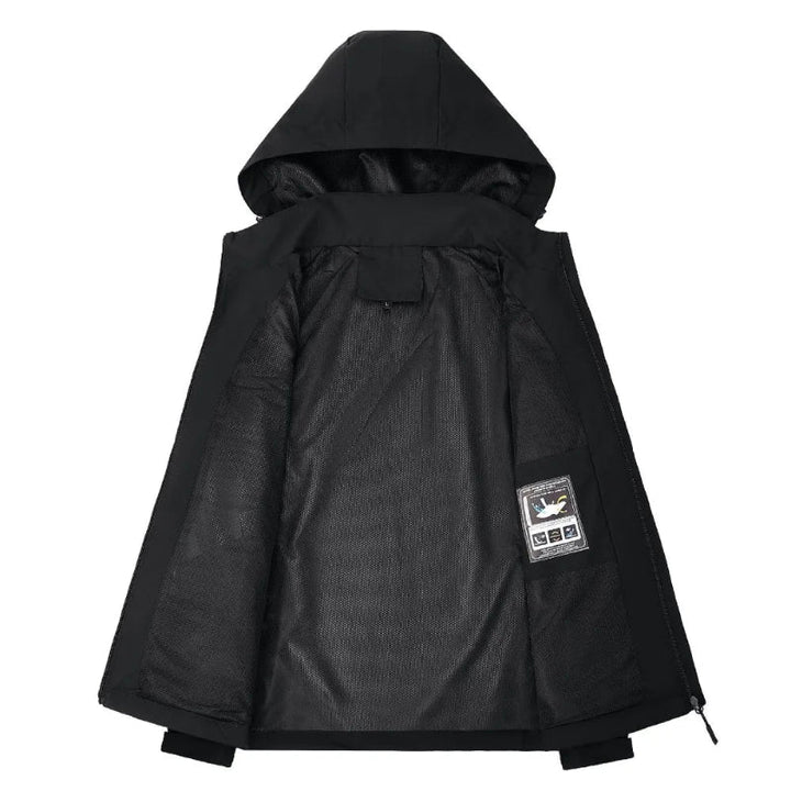 Stylish men's hooded rain jacket, water-resistant windbreaker for spring, fall, and casual outerwear fashion.