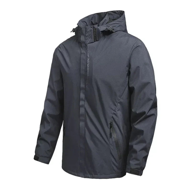 Durable men's water-resistant rain jacket with hood, windbreaker for protection & stylish everyday wear.
