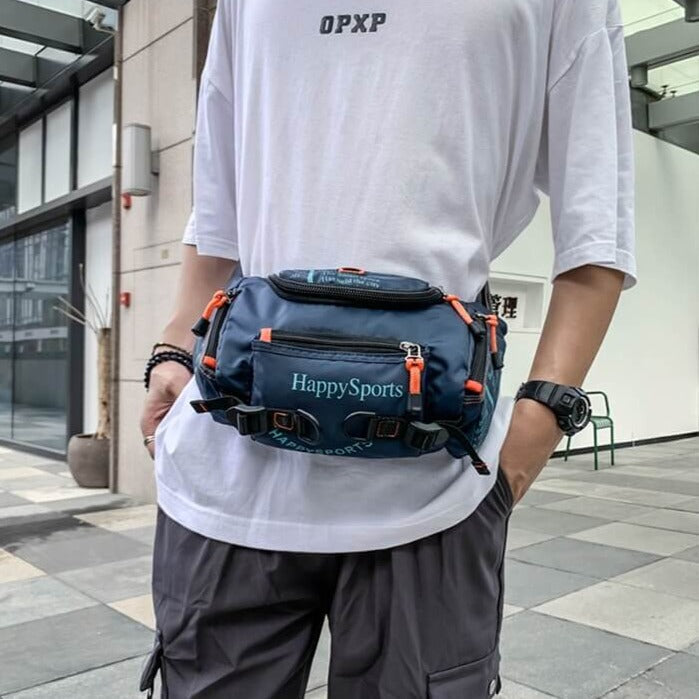 Modern men's water-resistant fanny pack, great for outdoor activities & security.