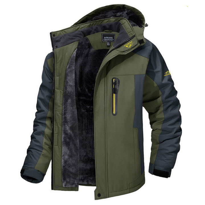 Men's waterproof hooded outdoor jacket, color block design, ideal for rain & cold weather adventures.