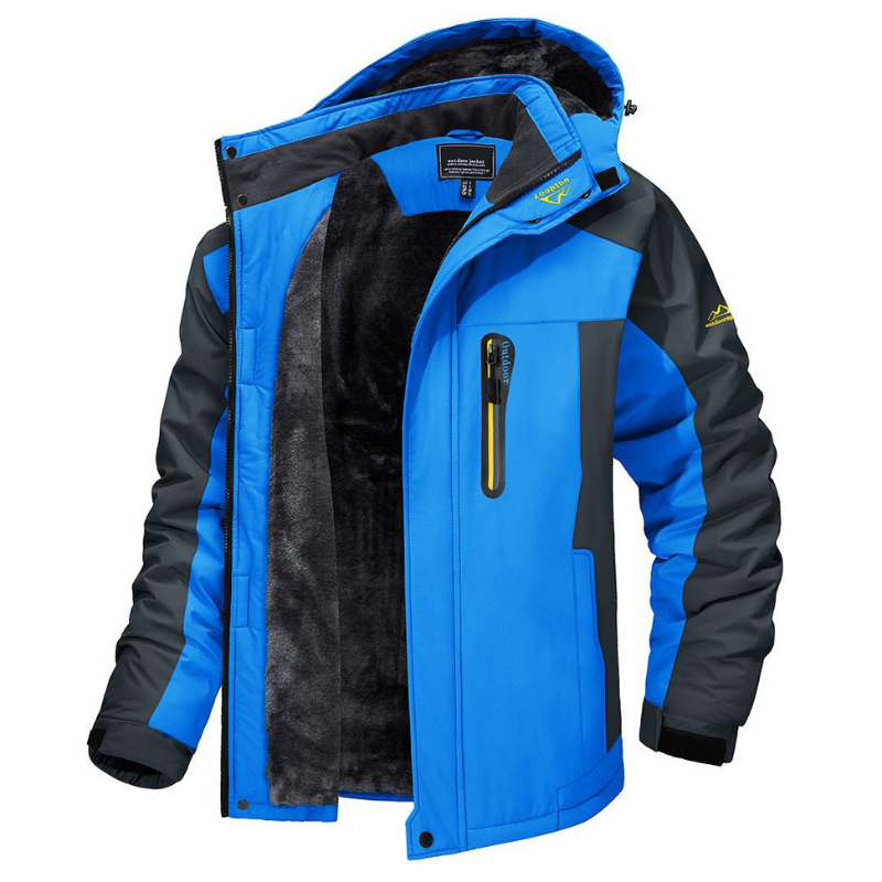 Durable men's waterproof rain jacket with hood, ideal outdoor outerwear for various weather conditions.