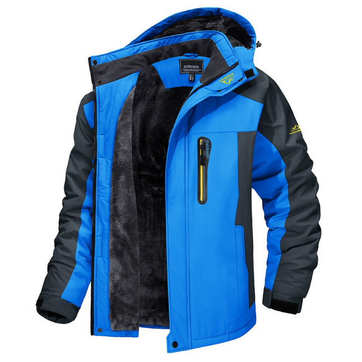 Durable men's waterproof rain jacket with hood, ideal outdoor outerwear for various weather conditions.