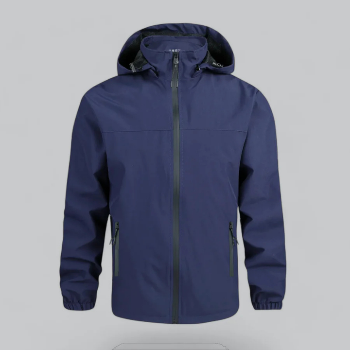 Men's waterproof hooded rain jacket for outdoor activities. Lightweight, zip-up design for weather protection.