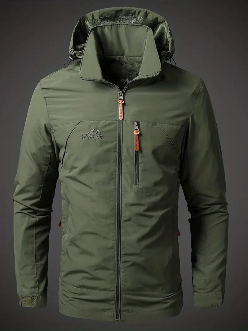 Men's waterproof hooded rain jacket for outdoor activities. Lightweight, zip-up, windbreaker.