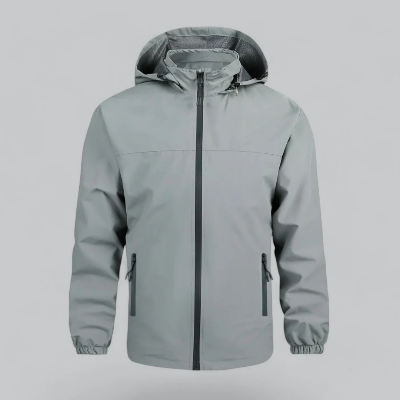 Lightweight men's waterproof rain jacket with hood. Ideal casual outerwear for travel and weather protection.