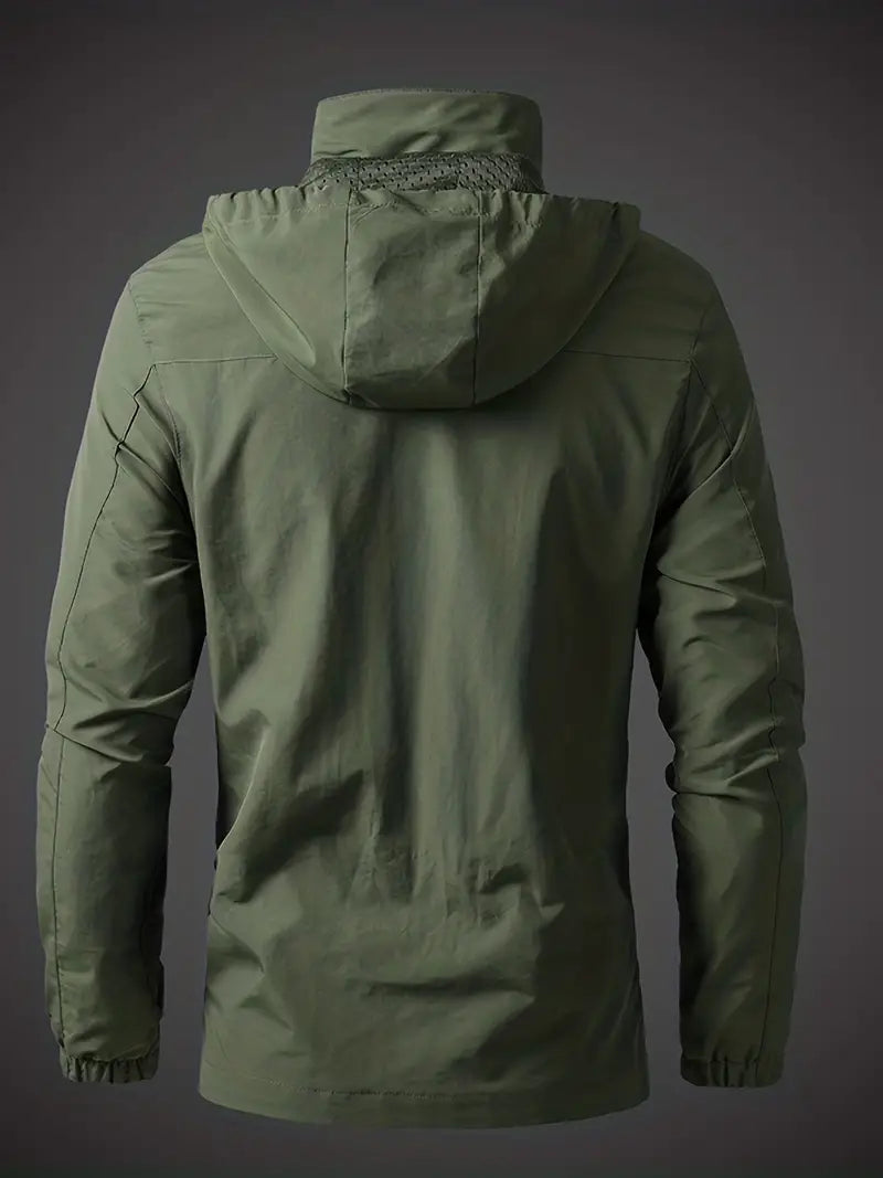 Lightweight men's hooded rain jacket, perfect for hiking, travel. Waterproof, windproof, fall/spring outerwear.
