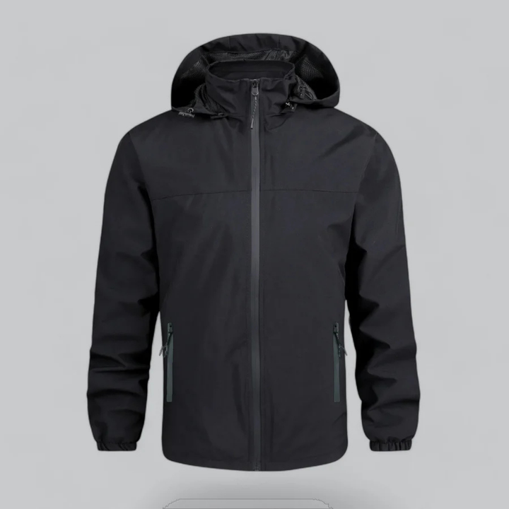 Durable men's hooded waterproof jacket with full zip. Perfect lightweight protection for rainy outdoor adventures.