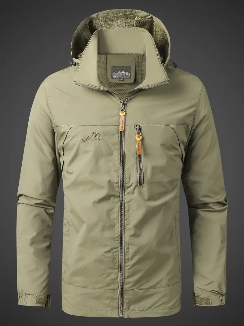 Versatile men's waterproof hooded jacket. Ideal lightweight windbreaker for hiking, travel, and everyday wear.