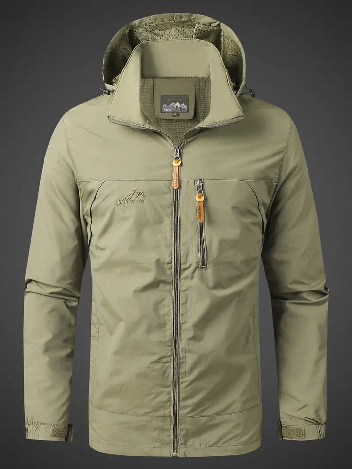 Versatile men's waterproof hooded jacket. Ideal lightweight windbreaker for hiking, travel, and everyday wear.