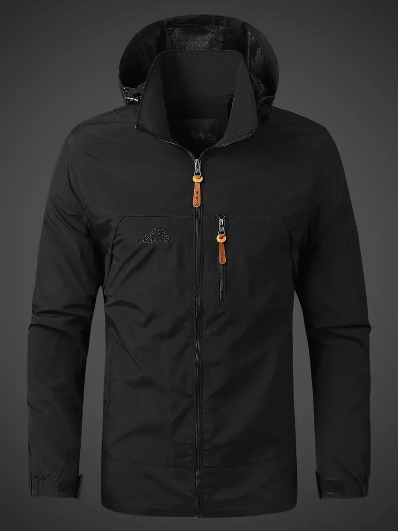 High-performance men's waterproof rain jacket. Hooded, lightweight, activewear windbreaker for outdoor protection.