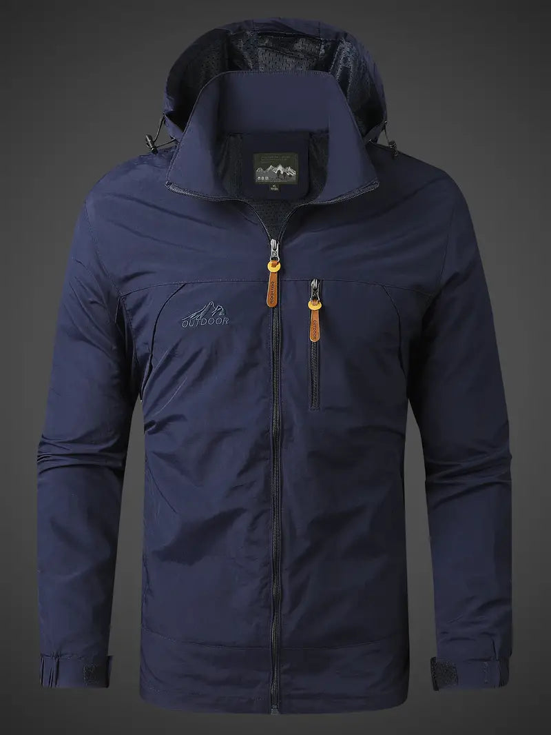 Men's hooded waterproof hiking jacket. Lightweight outdoor rain gear, windbreaker for trail adventures.