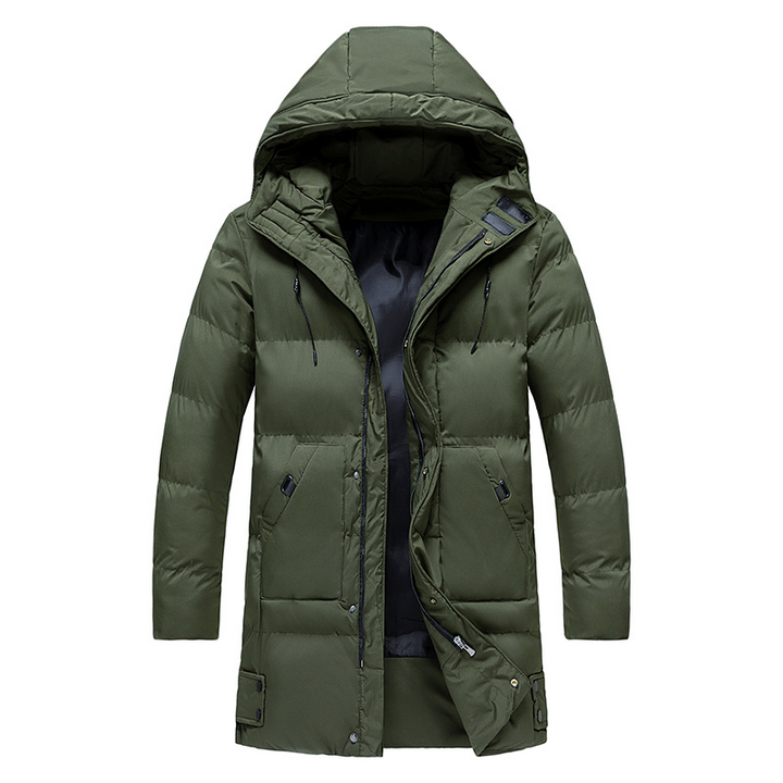 Men's all-weather parka: waterproof, insulated, and padded for stylish cold-weather protection.