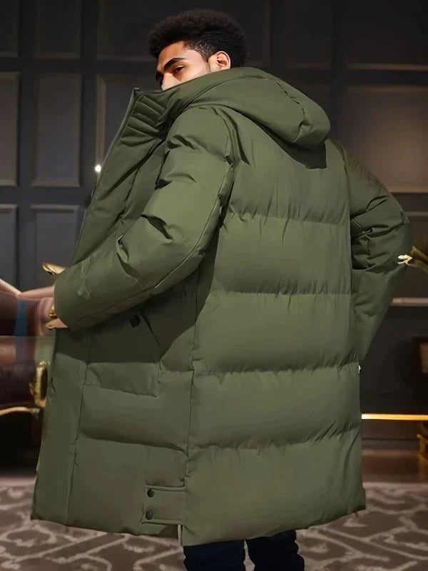 Modern men's insulated parka, waterproof and padded for optimal warmth & outdoor wear.