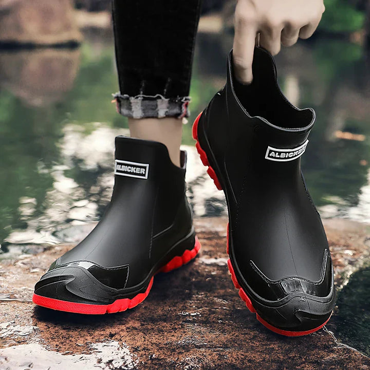 Warm, insulated men's waterproof outdoor boots. Perfect ankle footwear for cold weather adventures.