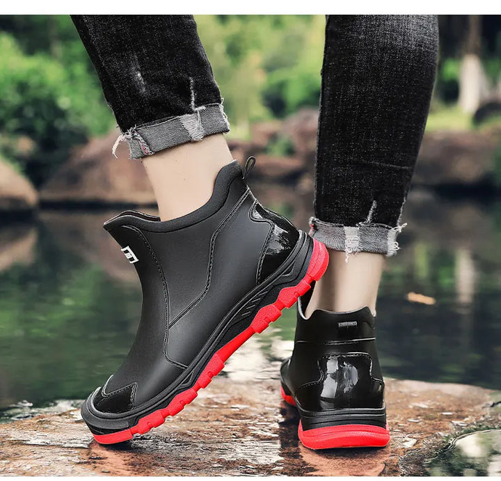 Comfortable men's insulated waterproof hiking boots, keeping feet warm & dry on trails.