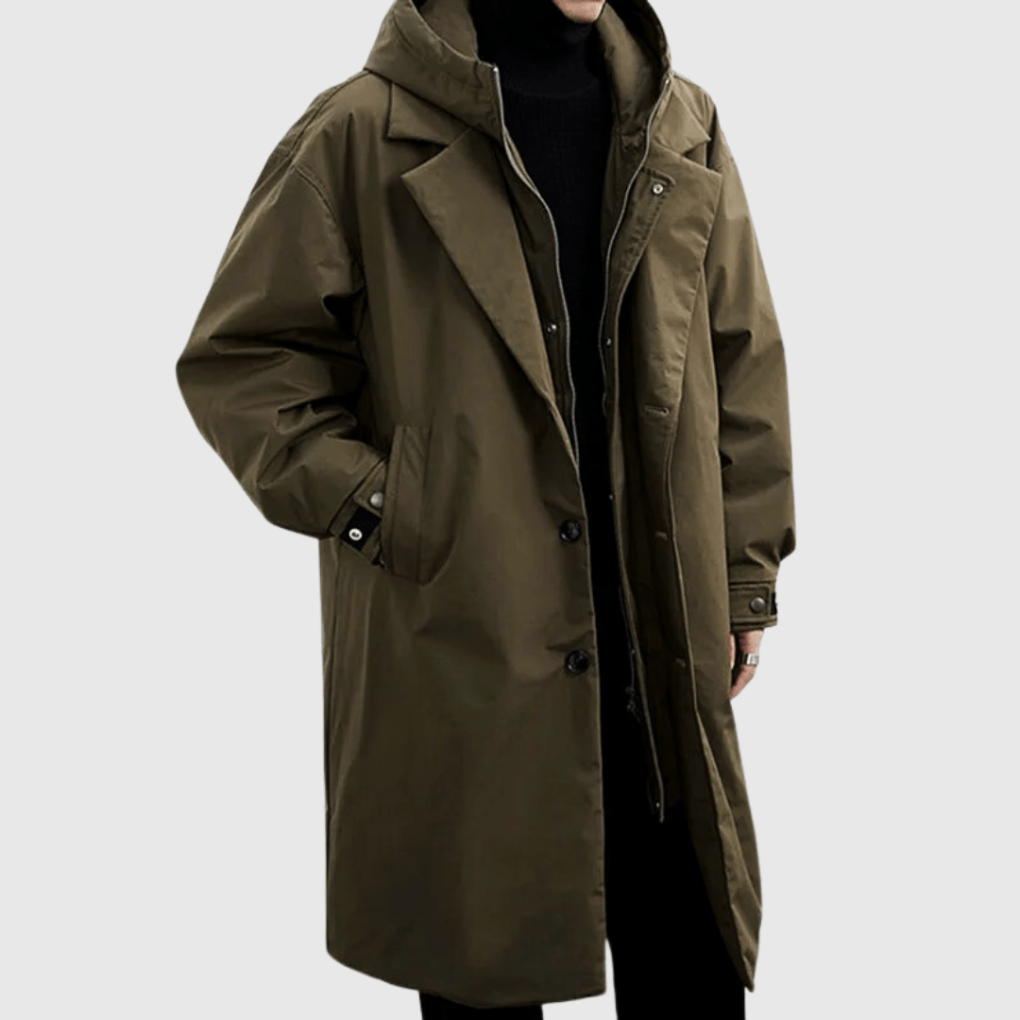 Men's waterproof raincoat in blue, designed for all weather protection, ideal for outdoor wear and breathable comfort.