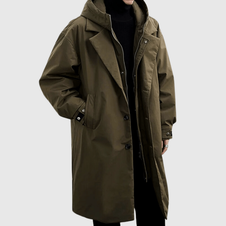 Men's waterproof raincoat in blue, designed for all weather protection, ideal for outdoor wear and breathable comfort.