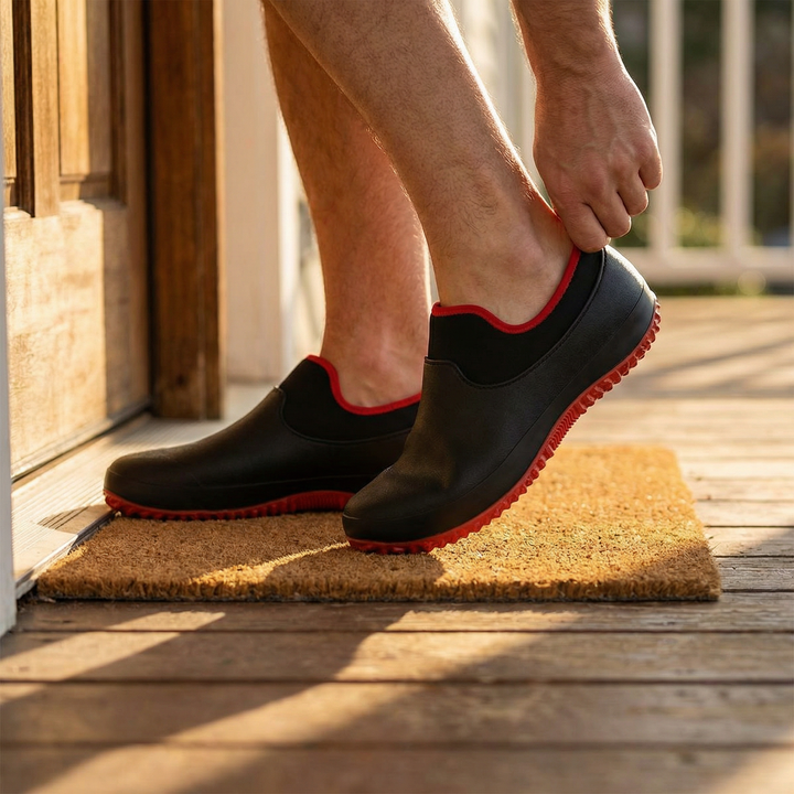 Durable men's slip-on work shoes, waterproof & non-slip, designed for outdoor comfort & easy wear.
