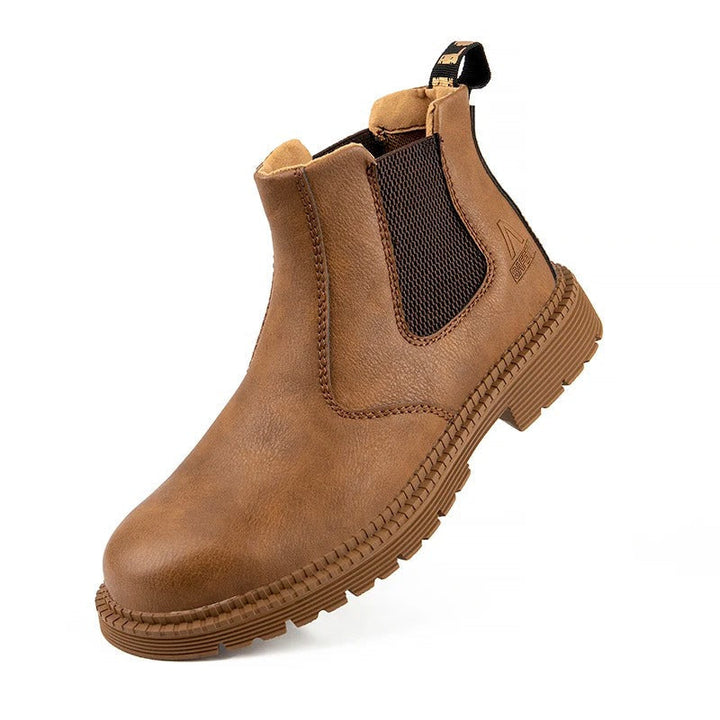 Men's waterproof steel toe work boots, slip-resistant for construction safety and protection.