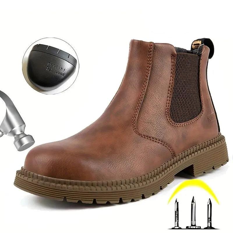 Rugged men's waterproof safety footwear with steel toe, perfect for industrial work zones.
