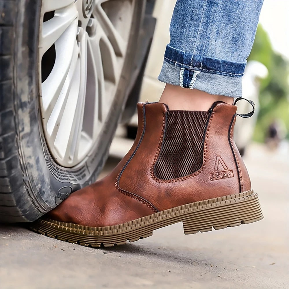 Men's construction work boots: waterproof, steel toe, slip-resistant for all-day comfort.