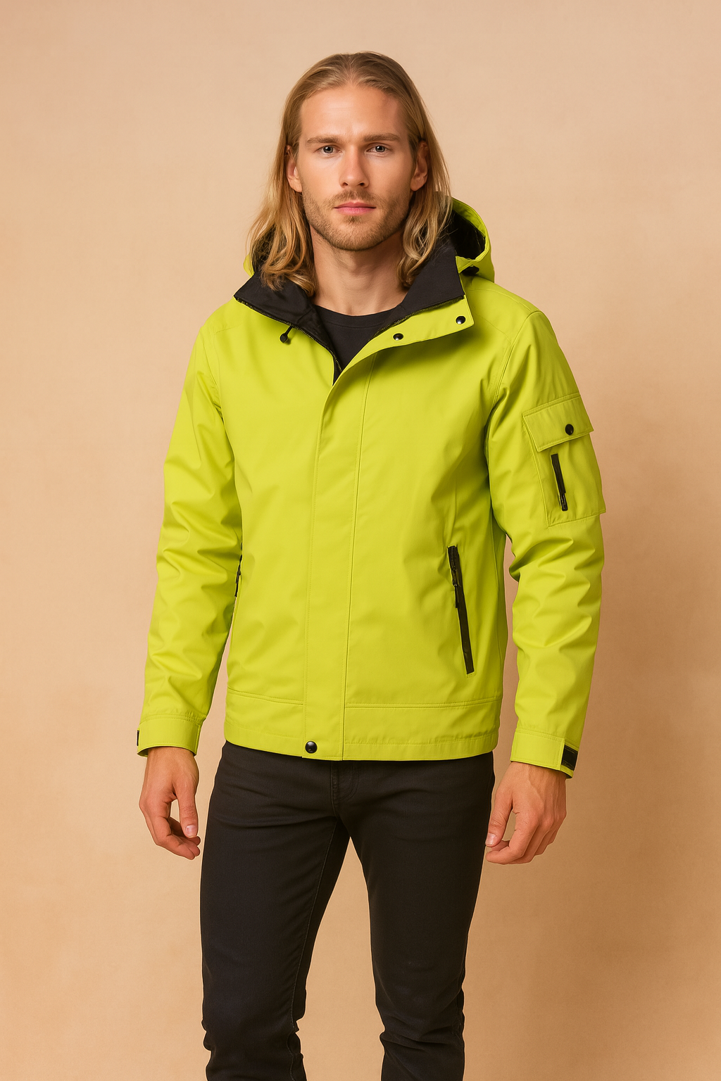 Men's waterproof tactical winter jacket with a hood, ideal for cold weather and rain protection during outdoor activities.