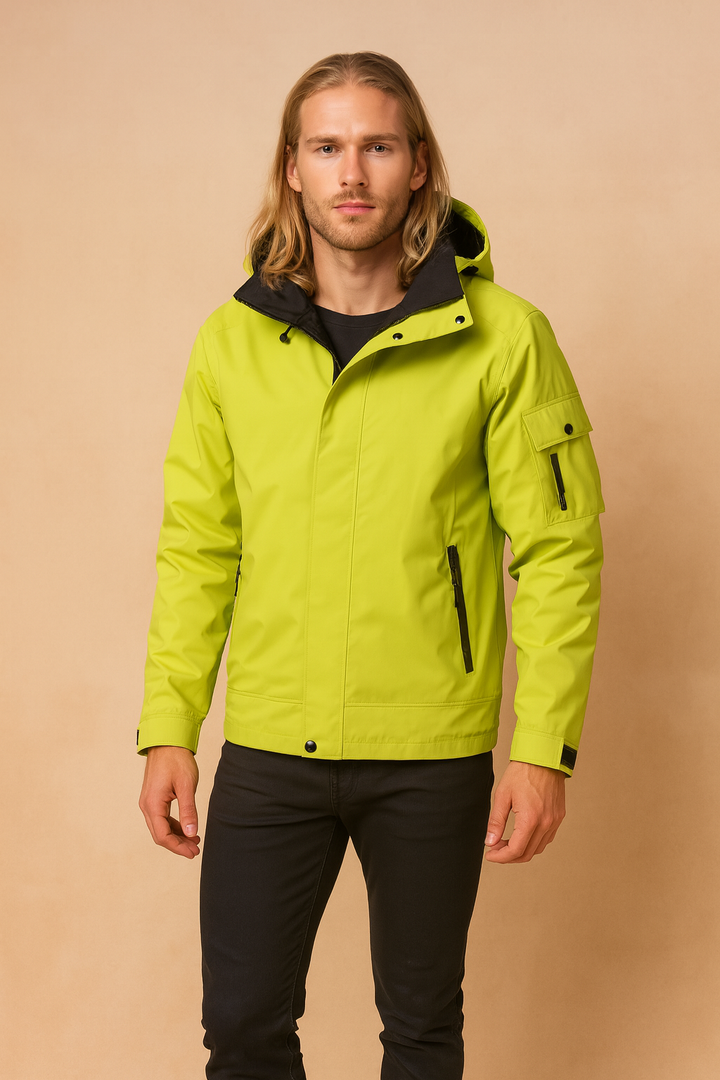Men's waterproof tactical winter jacket with a hood, ideal for cold weather and rain protection during outdoor activities.