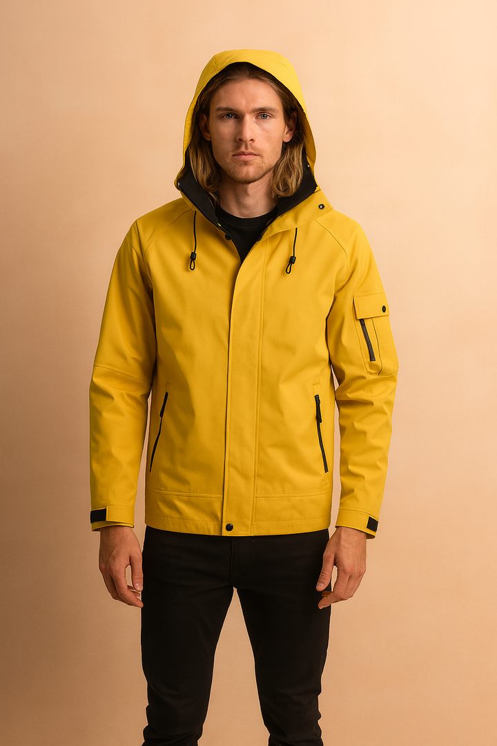 Functional men's hooded winter jacket, waterproof and windproof, offering cold weather and rain protection for outdoor use.