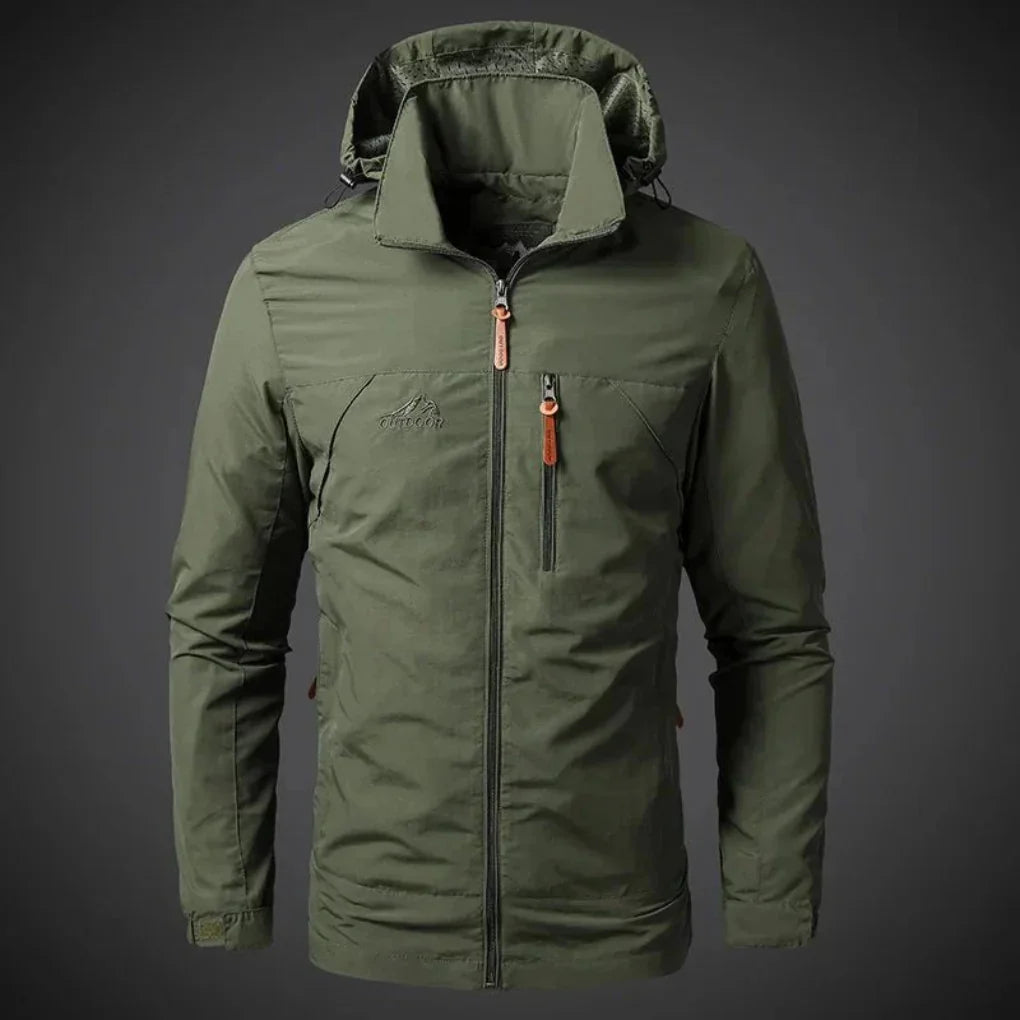 Men's waterproof wind jacket, lightweight, full zip, perfect for outdoor adventures & casual spring/summer wear.