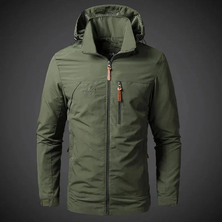 Men's waterproof wind jacket, lightweight, full zip, perfect for outdoor adventures & casual spring/summer wear.
