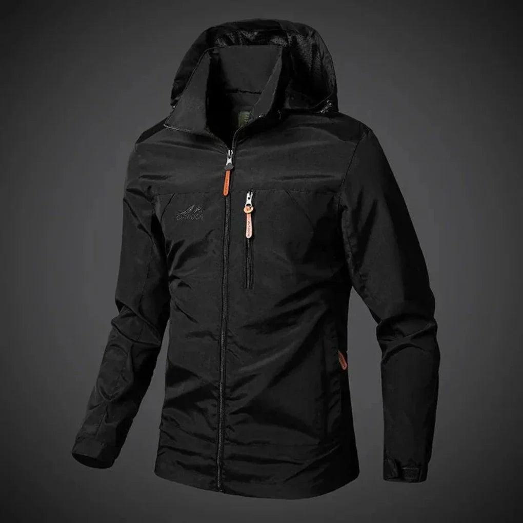 Men's lightweight waterproof windbreaker, showing comfortable fit. Great casual & travel jacket for spring/summer.