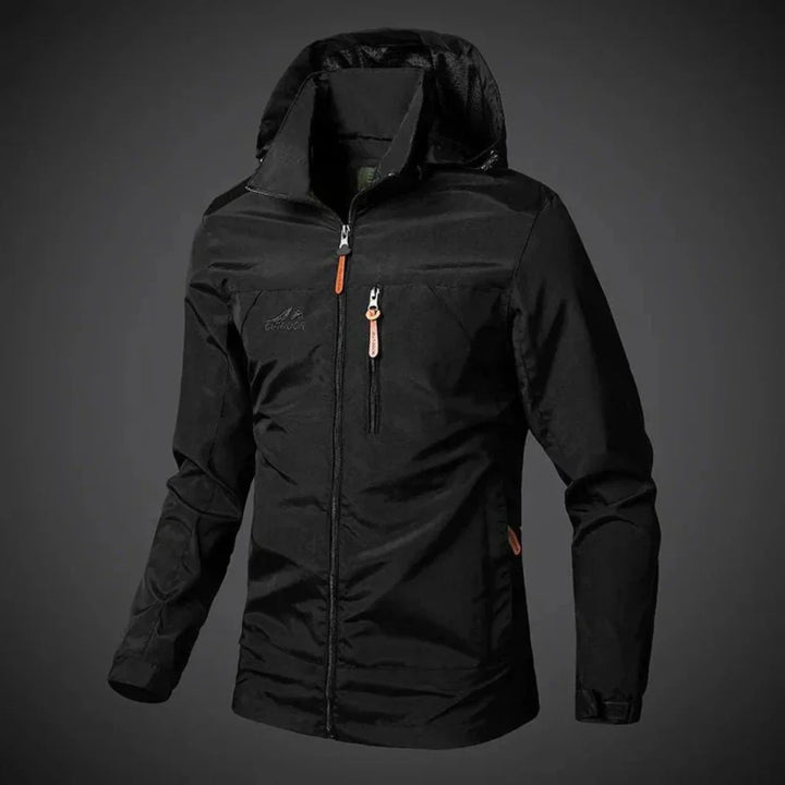 Men's lightweight waterproof windbreaker, showing comfortable fit. Great casual & travel jacket for spring/summer.