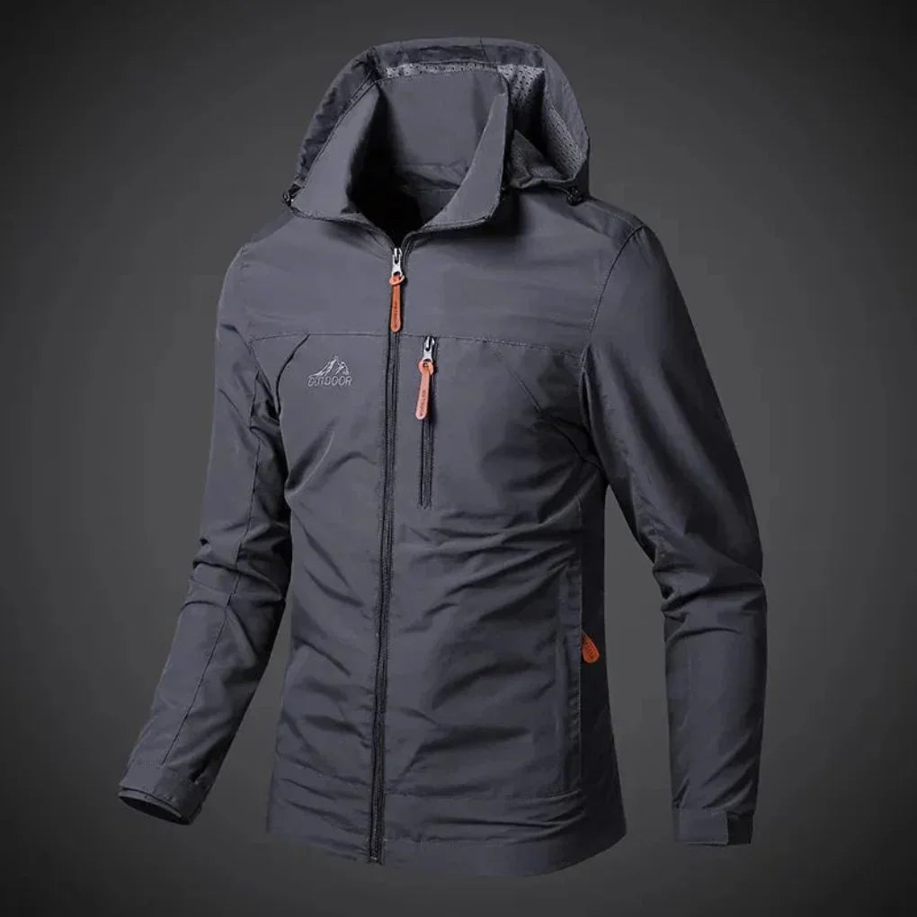 Folded men's waterproof wind jacket, highlighting its lightweight and packable design for travel and outdoor.